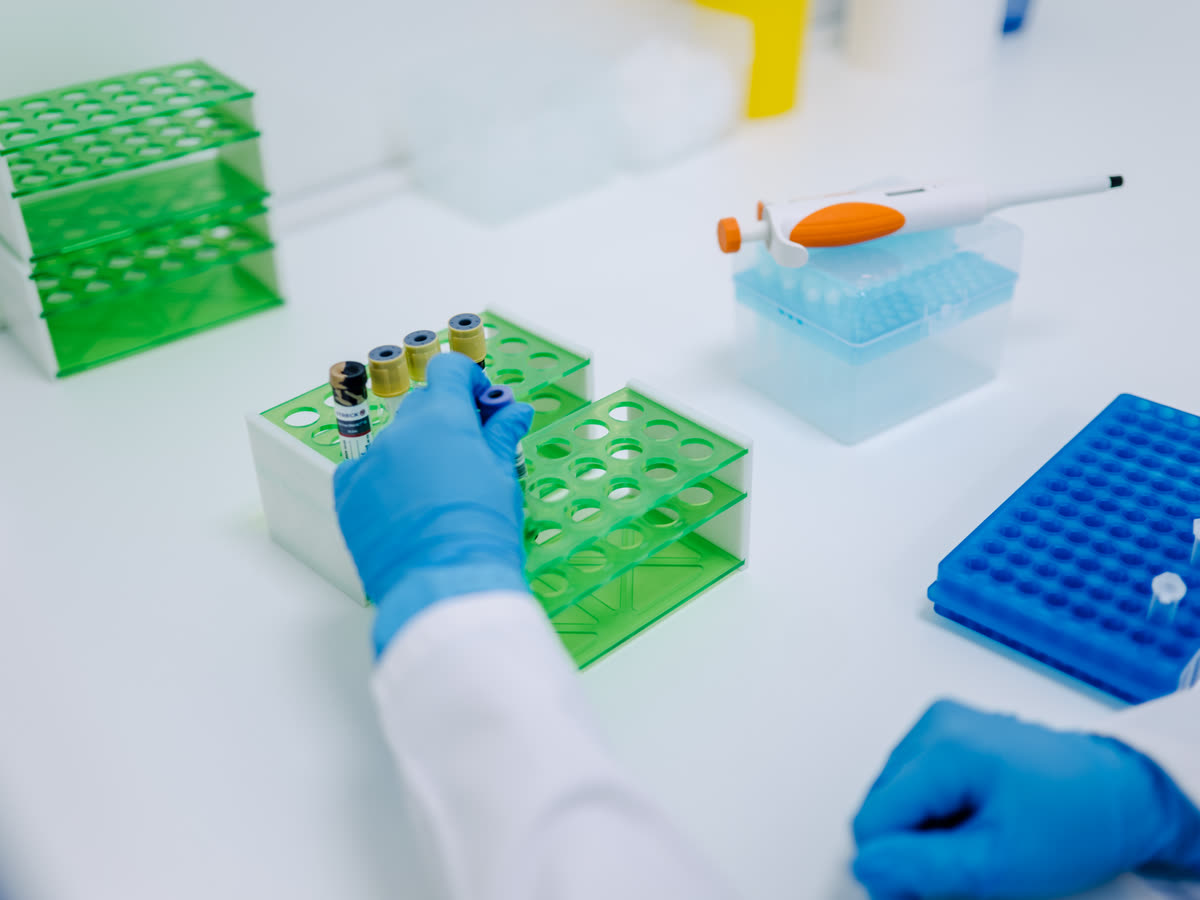 A laboratory bench with sample tubes, racks and a pipette